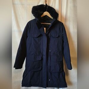 Outdoor Brand Navy Blue Faux Fur Hooded Parka Winter Coat – NWT Size SMALL